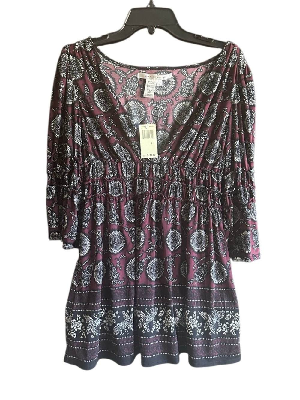 Max Studio Boho V-Neck Peasant Top in Plum. NWT